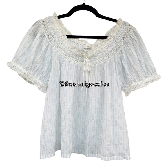 DOEN Misty Top White Blue Floral Lace Trim Cotton Blouse - Picture 6 of 10